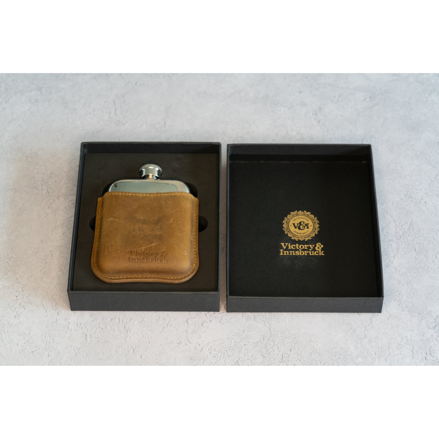 Full Grain Leather Cased Hip Flask | 3/4 Tan Brown Leather | Silver Flask