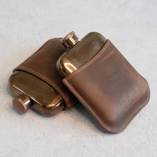 Full Grain Leather Cased Hip Flask | 3/4 Brown Leather | Copper Flask