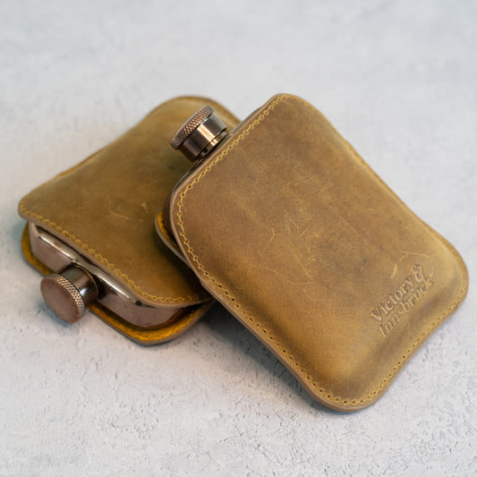 Full Grain Leather Cased Hip Flask | Full Tan Brown Leather | Copper Flask