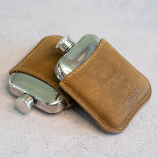 Full Grain Leather Cased Hip Flask | 3/4 Tan Brown Leather | Silver Flask