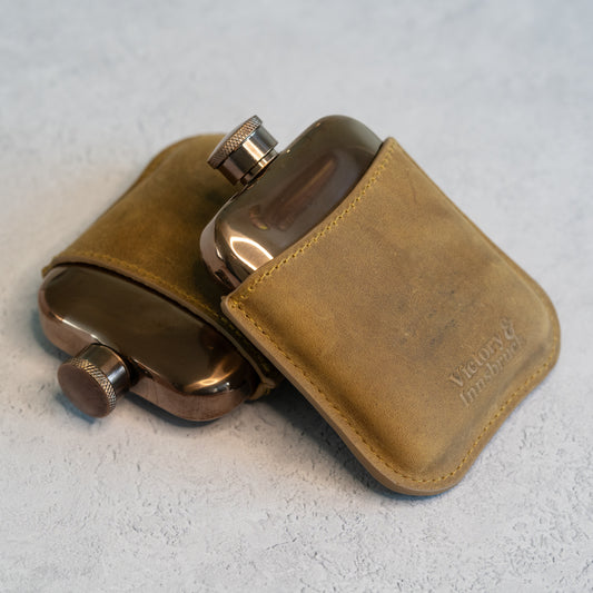 Full Grain Leather Cased Hip Flask | 3/4 Tan Brown Leather | Copper Flask