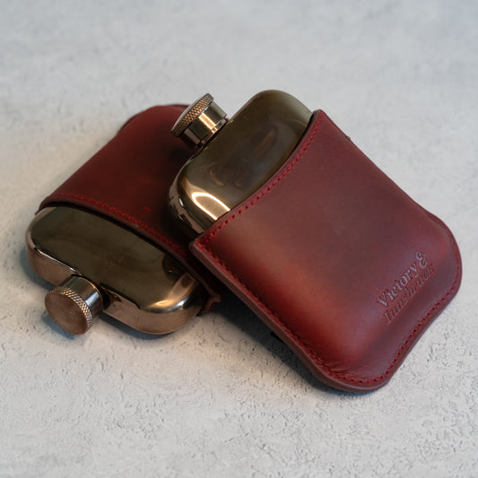 Full Grain Leather Cased Hip Flask | 3/4 Burgundy Leather | Copper Flask