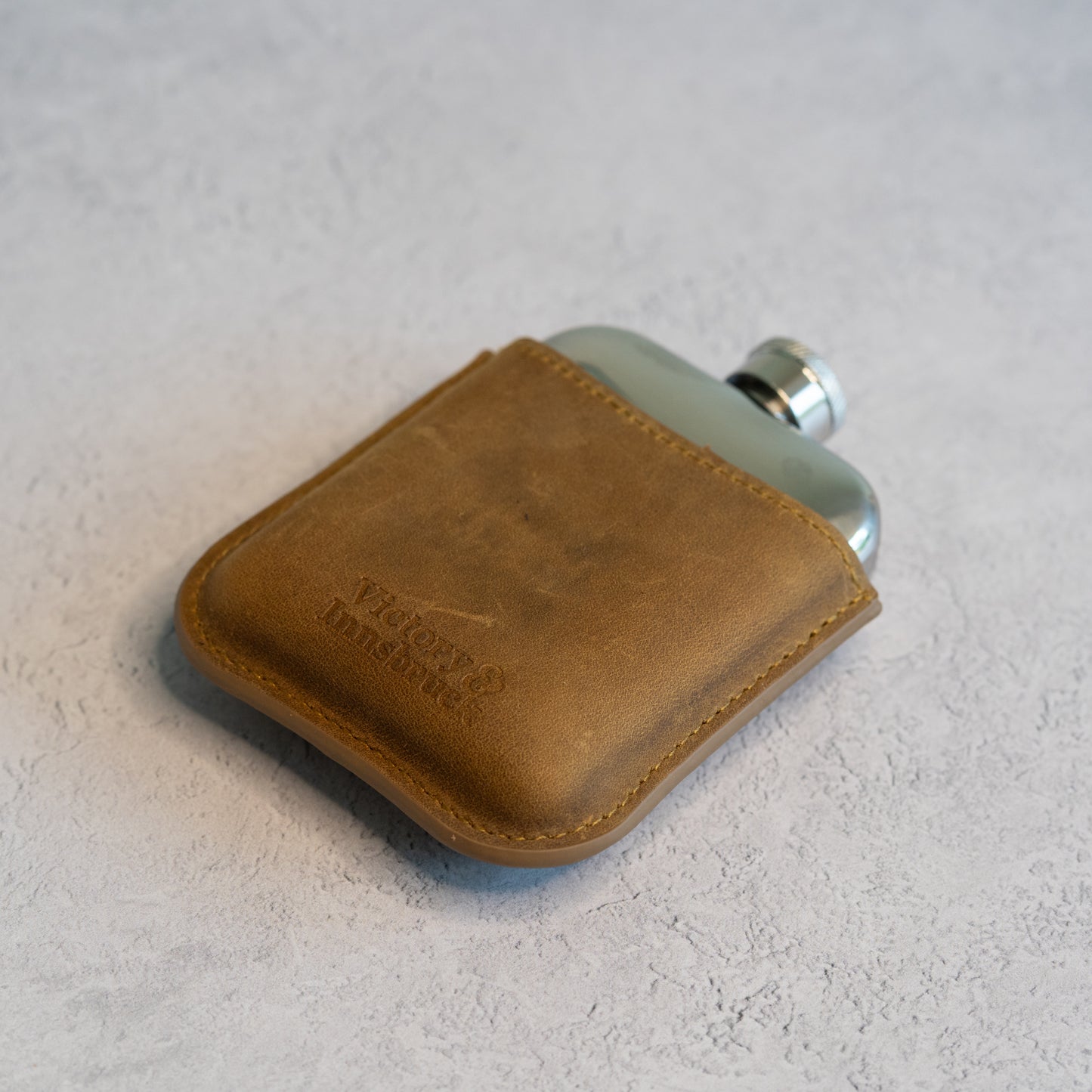 Full Grain Leather Cased Hip Flask | 3/4 Tan Brown Leather | Silver Flask
