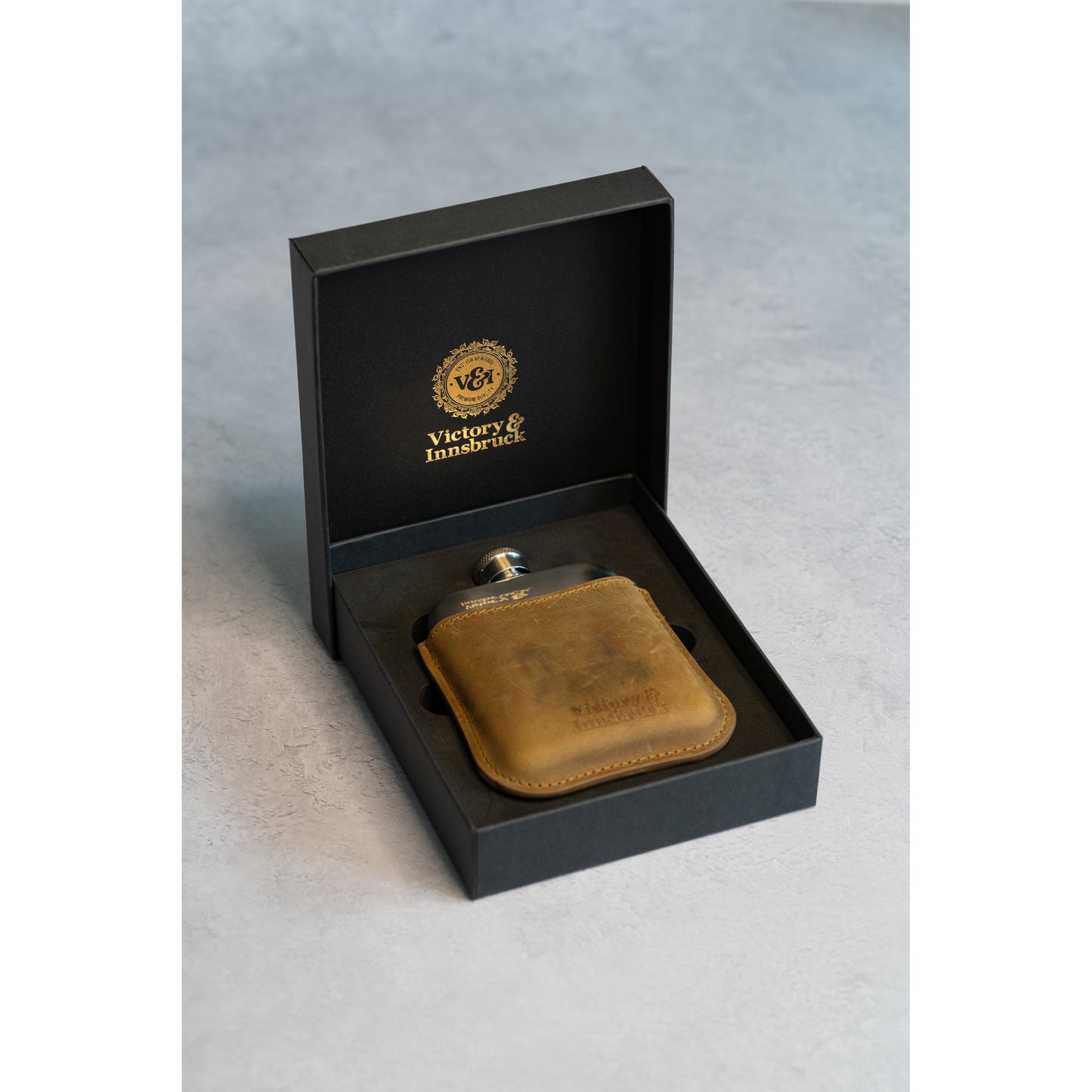 Full Grain Leather Cased Hip Flask | 3/4 Tan Brown Leather | Silver Flask
