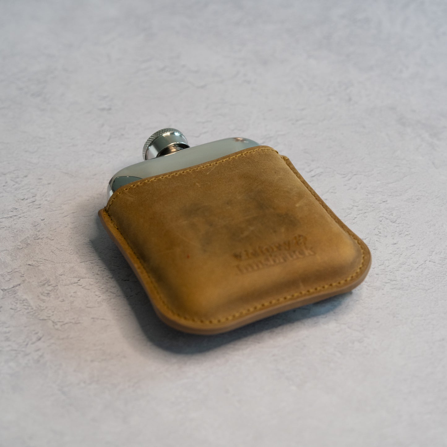 Full Grain Leather Cased Hip Flask | 3/4 Tan Brown Leather | Silver Flask