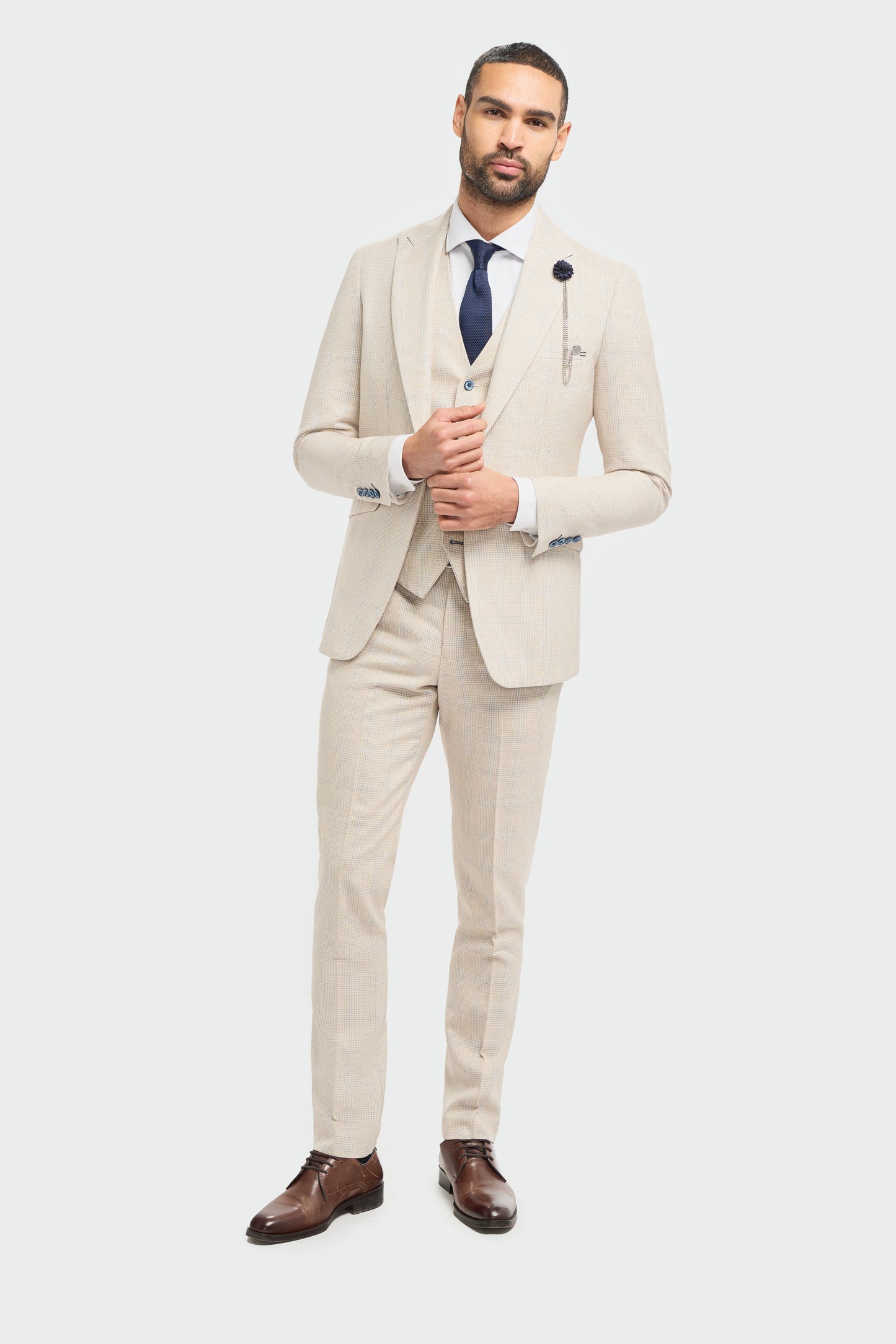 Caridi Beige Regular Check Three Piece Suit