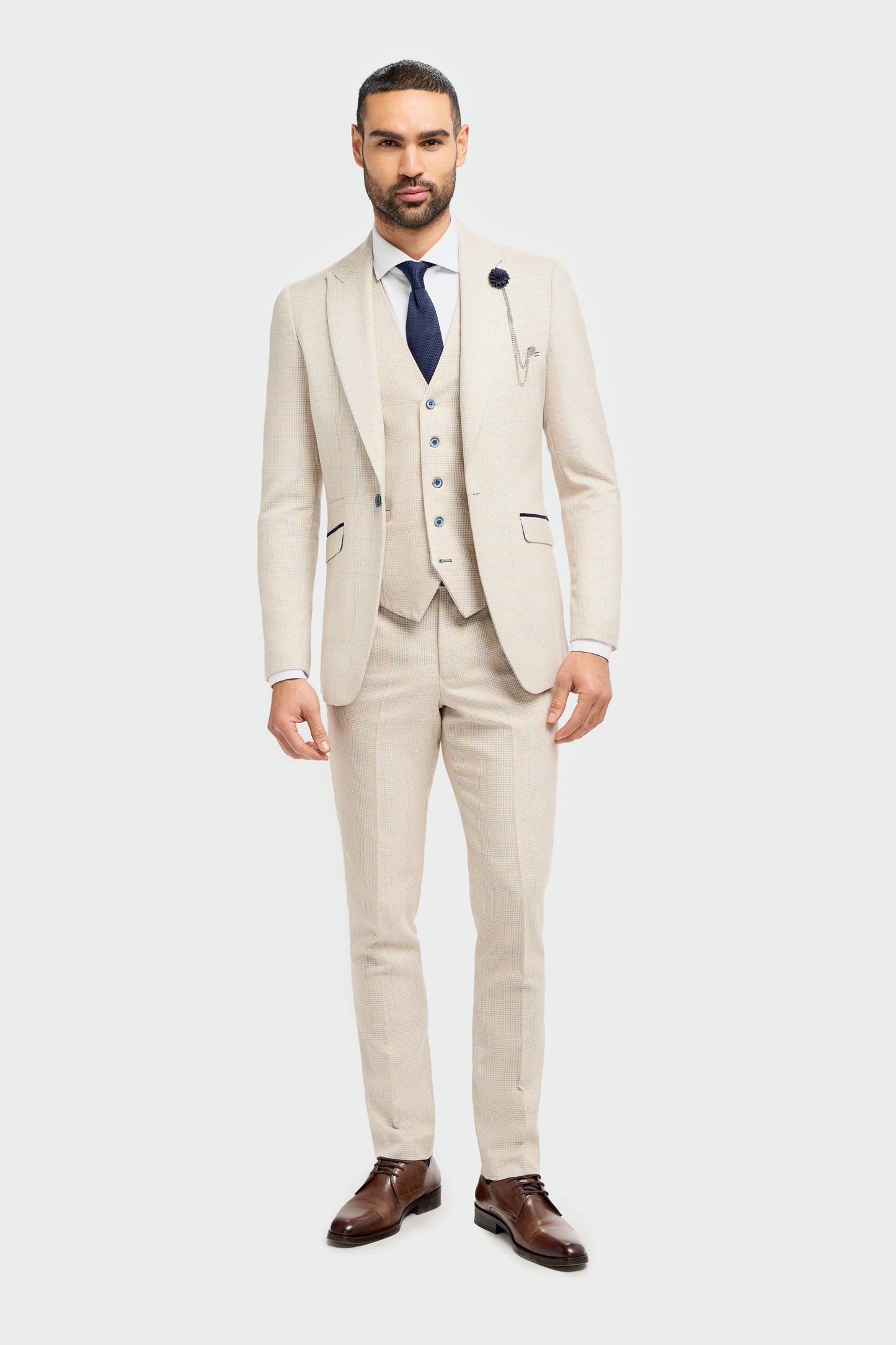 Caridi Beige Regular Check Three Piece Suit