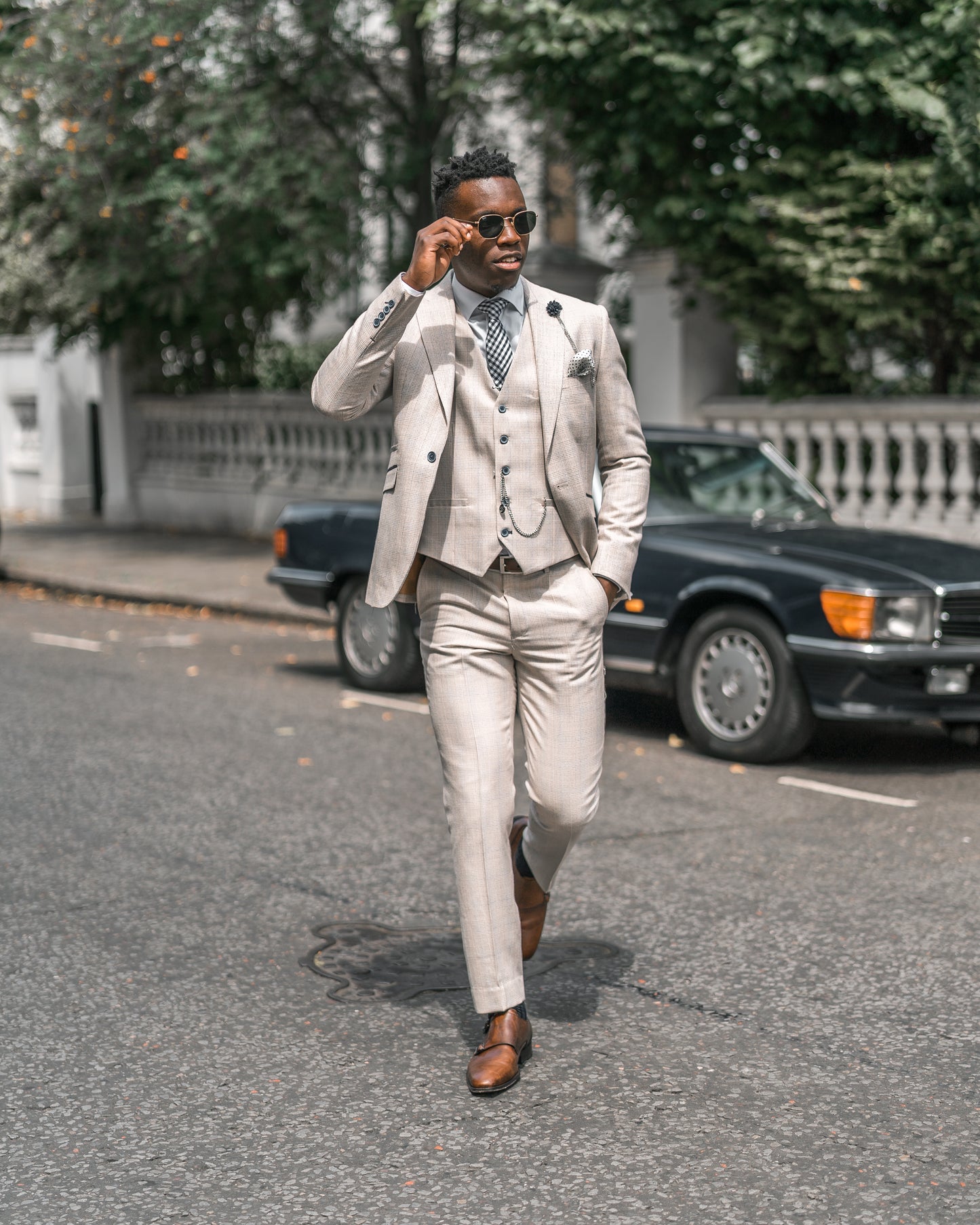 Caridi Beige Regular Check Three Piece Suit