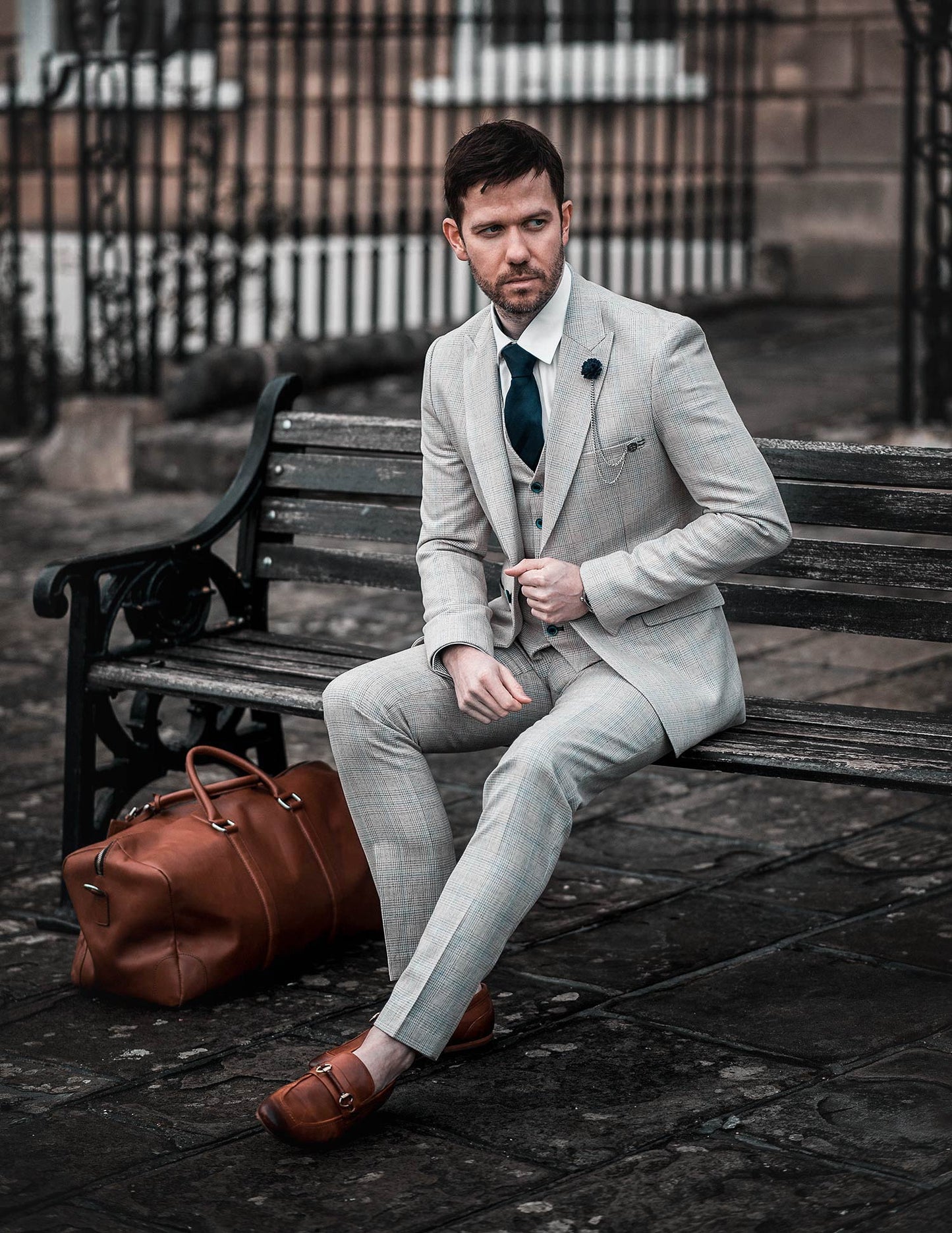 Caridi Beige Regular Check Three Piece Suit