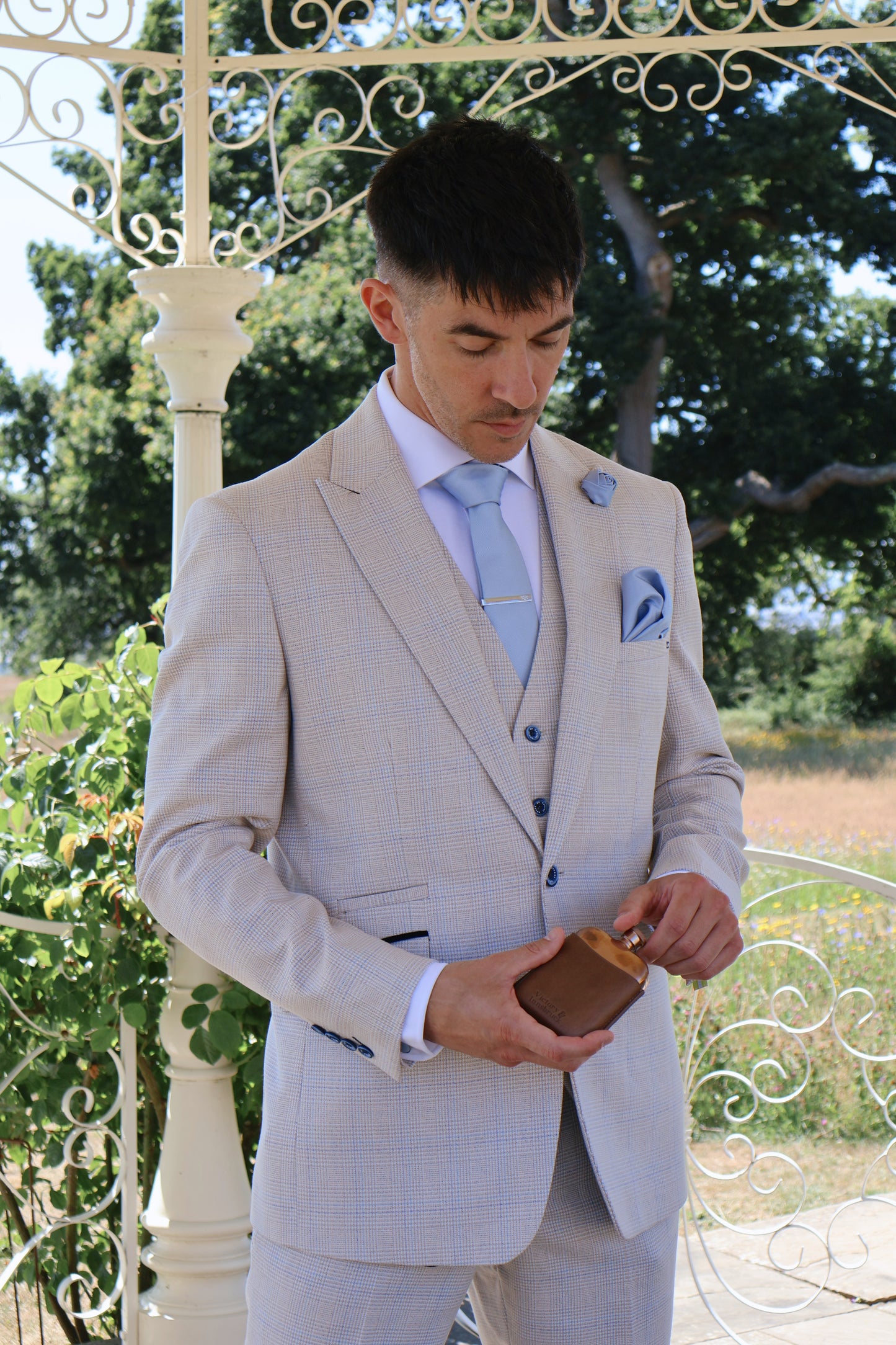 Caridi Beige Regular Check Three Piece Suit