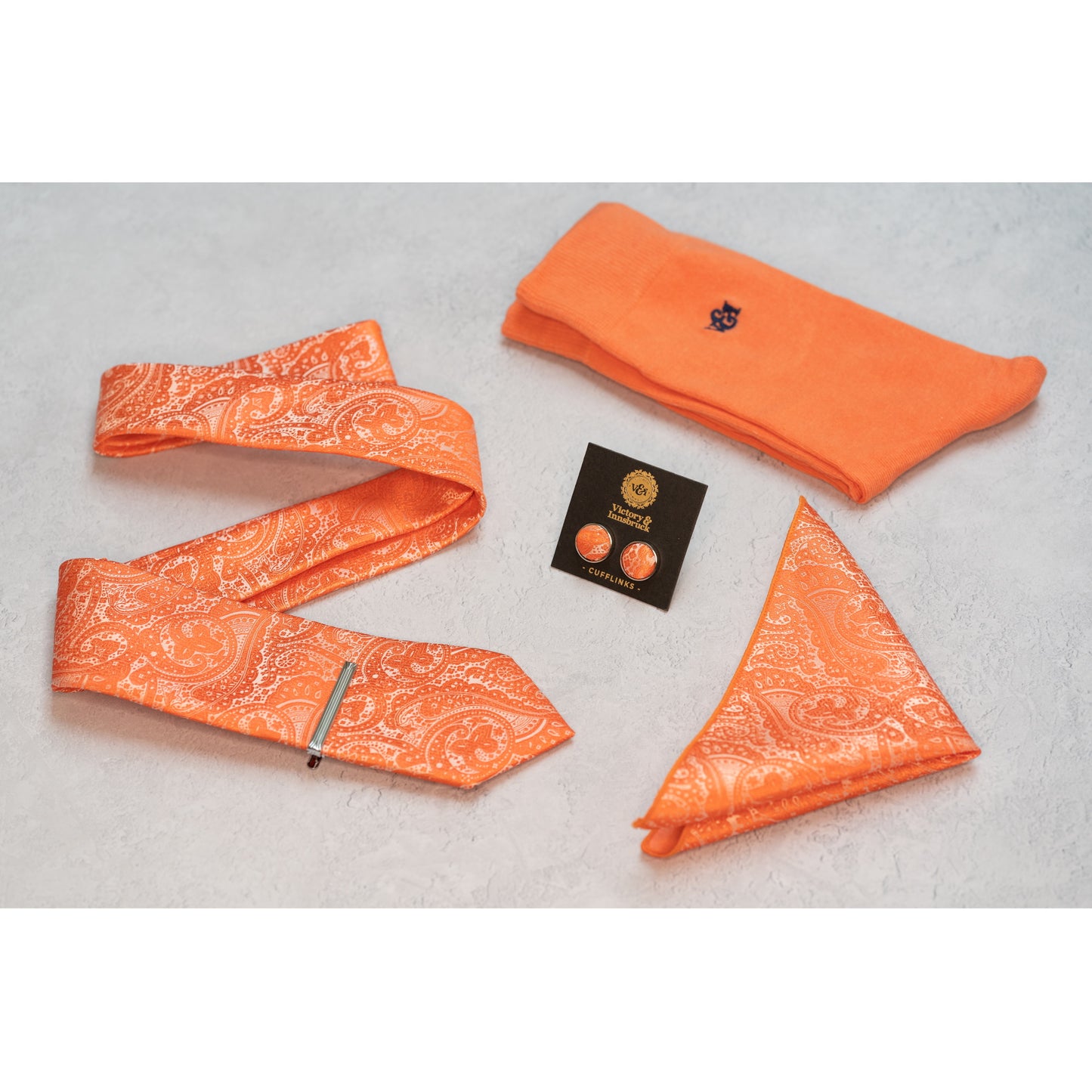 CORAL ORANGE PAISLEY TIE SET