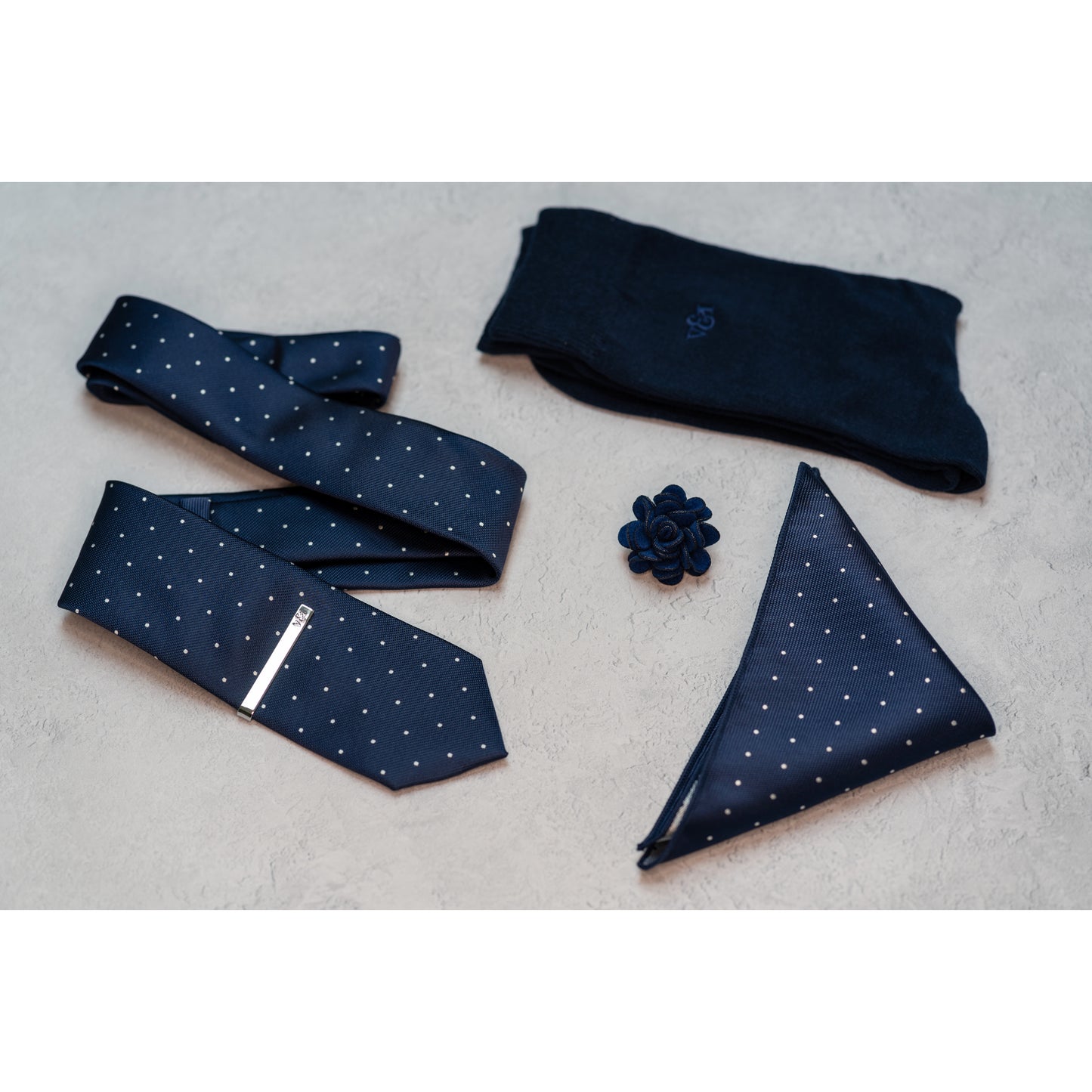 NAVY BLUE POLKA DOT TEXTURED TIE SET