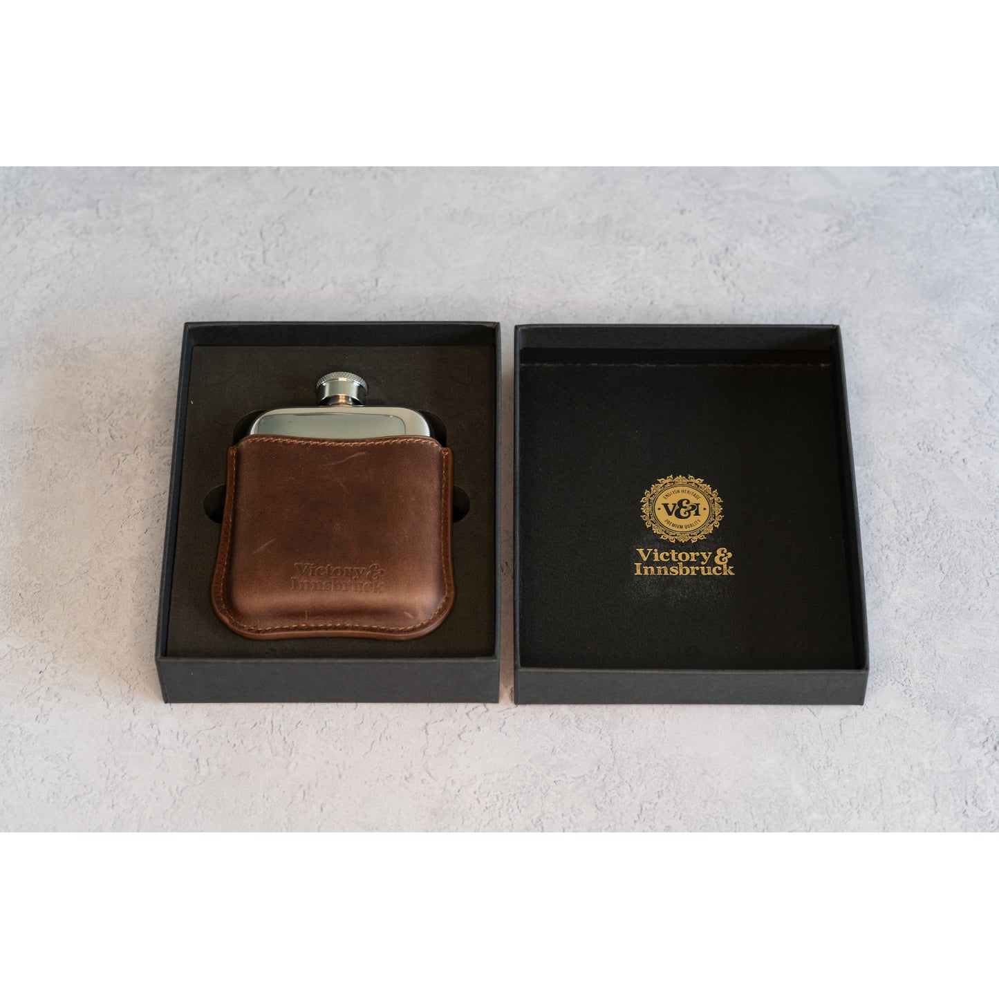 Full Grain Leather Cased Hip Flask | 3/4 Brown Leather | Silver Flask