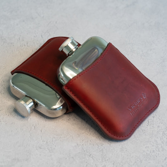 Full Grain Leather Cased Hip Flask | 3/4 Burgundy Leather | Silver Flask