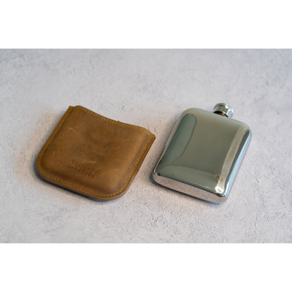 Full Grain Leather Cased Hip Flask | 3/4 Tan Brown Leather | Silver Flask