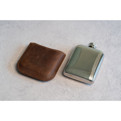 Full Grain Leather Cased Hip Flask | 3/4 Brown Leather | Silver Flask