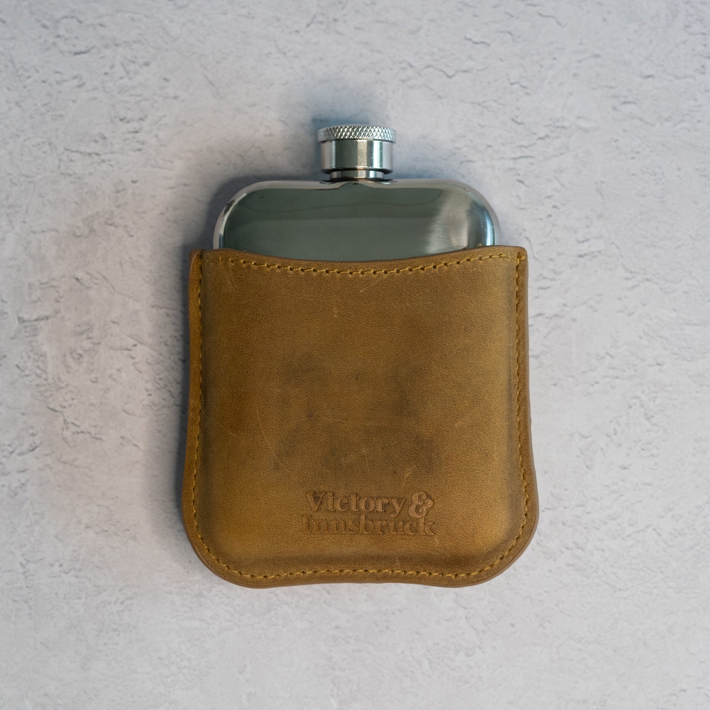 Full Grain Leather Cased Hip Flask | 3/4 Tan Brown Leather | Silver Flask
