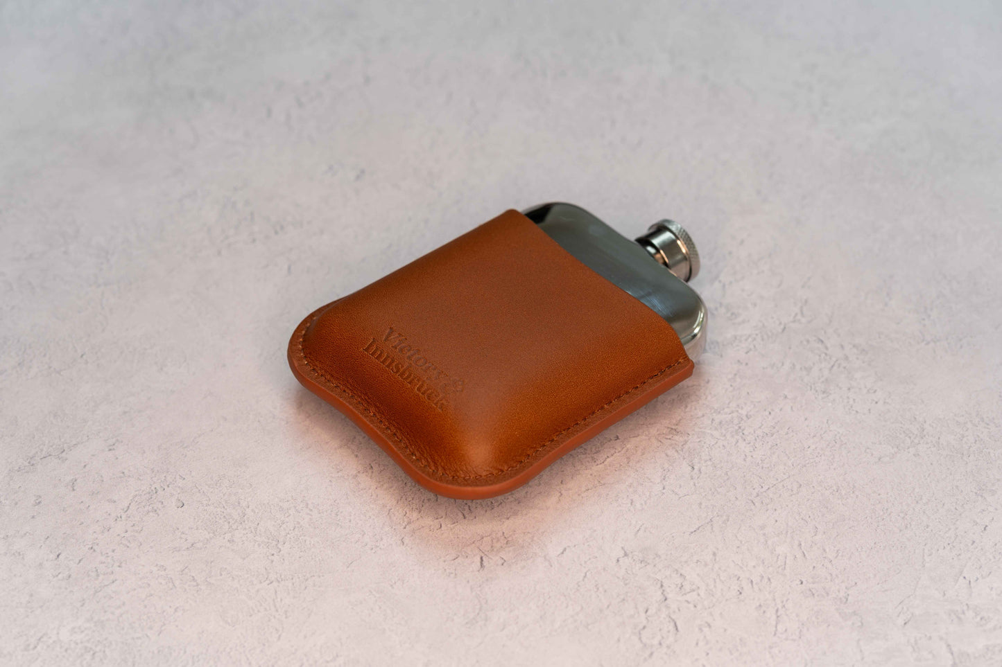 Full Grain Leather Cased Hip Flask | 3/4 Cognac Leather | Silver Flask