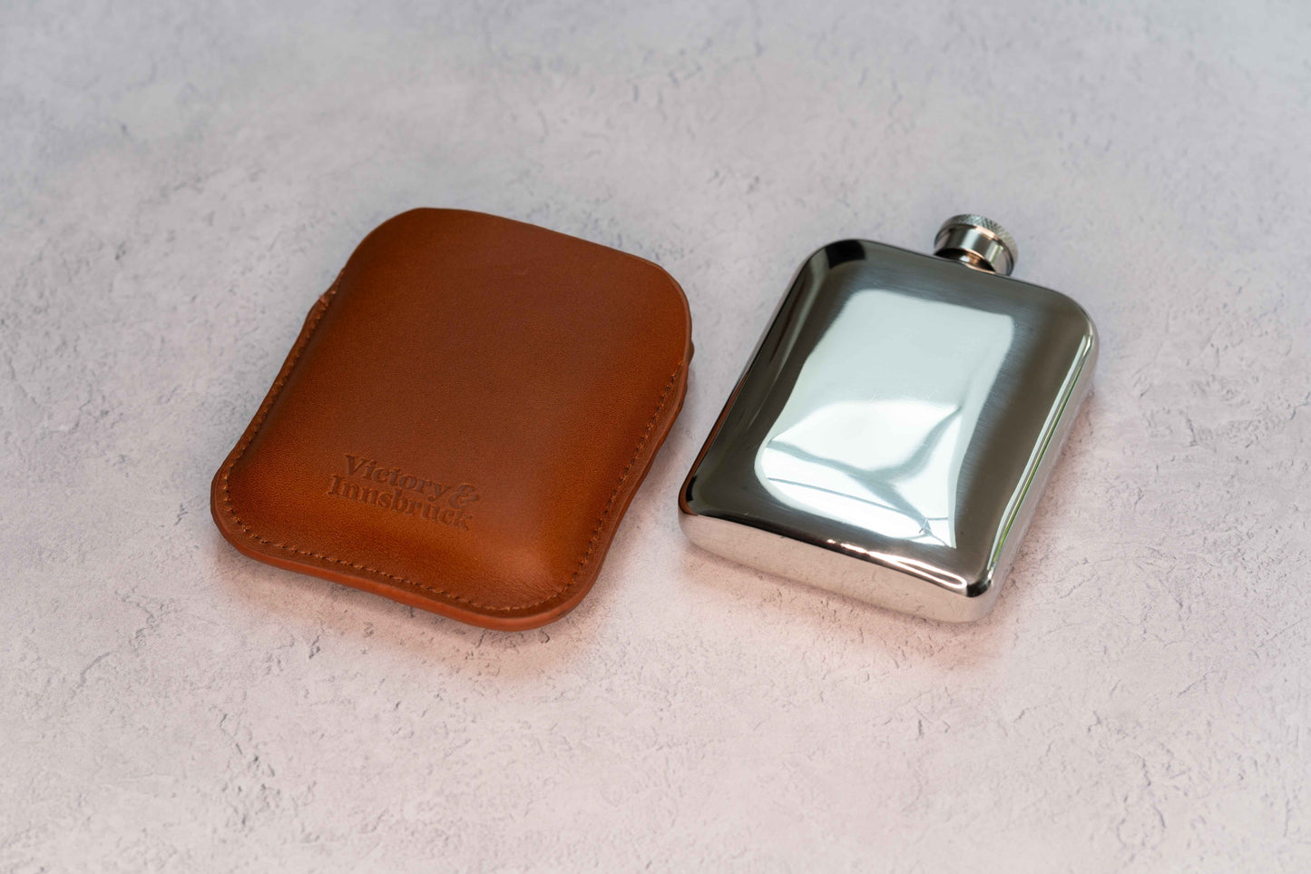 Full Grain Leather Cased Hip Flask | Full Cognac Leather | Silver Flask