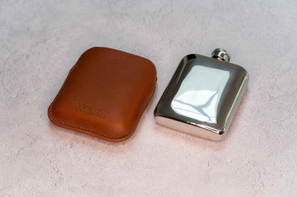Full Grain Leather Cased Hip Flask | Full Cognac Leather | Silver Flask