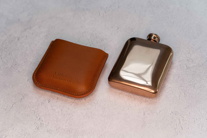 Full Grain Leather Cased Hip Flask | 3/4 Cognac Leather | Copper Flask