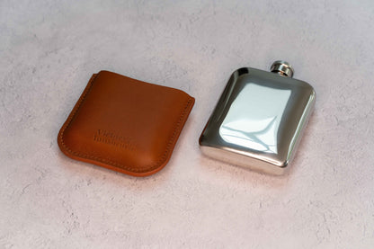 Full Grain Leather Cased Hip Flask | 3/4 Cognac Leather | Silver Flask