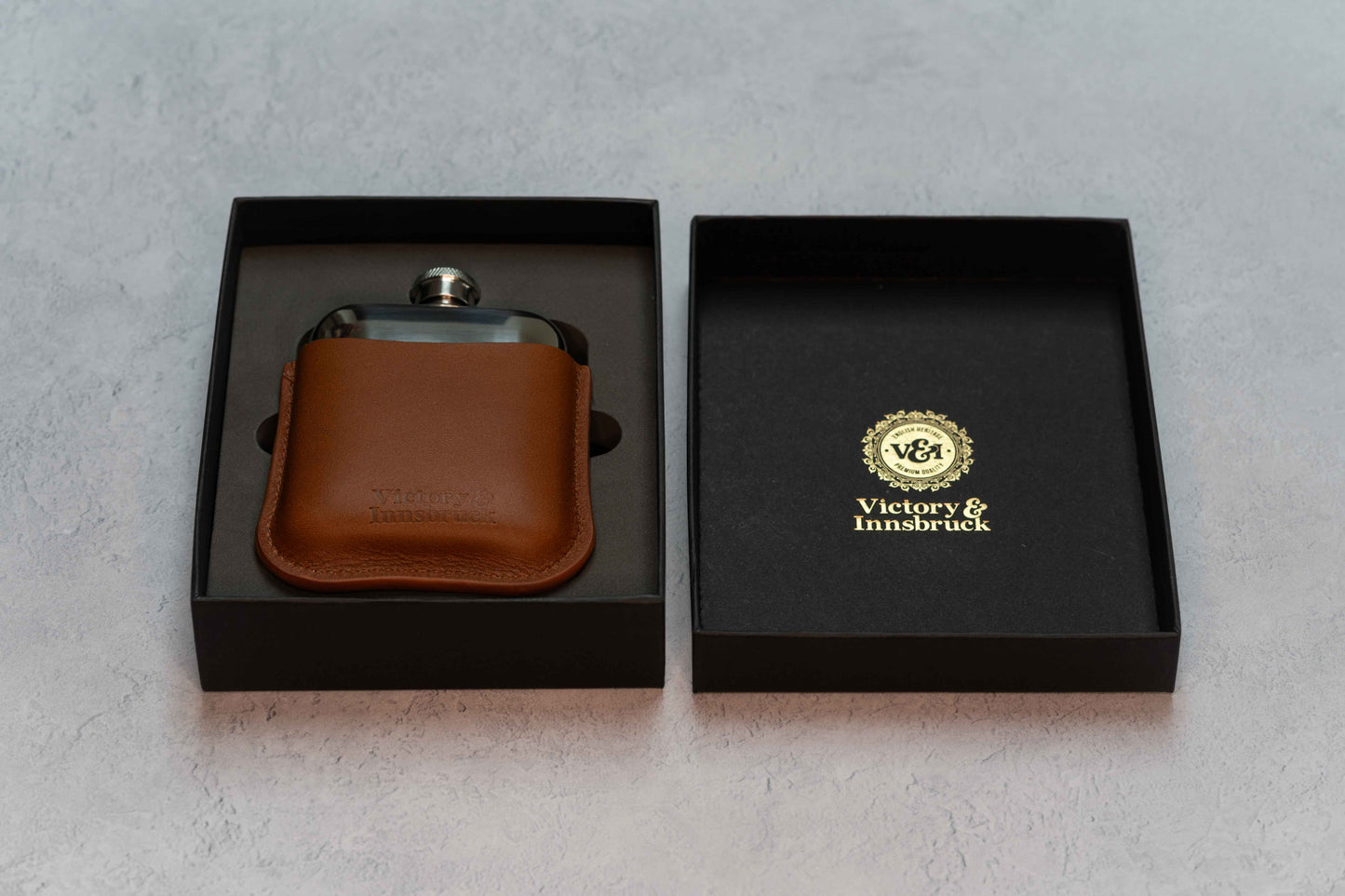Full Grain Leather Cased Hip Flask | 3/4 Cognac Leather | Silver Flask