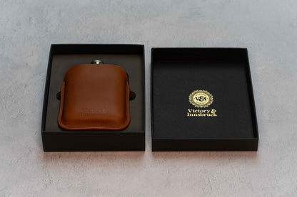 Full Grain Leather Cased Hip Flask | Full Cognac Leather | Silver Flask