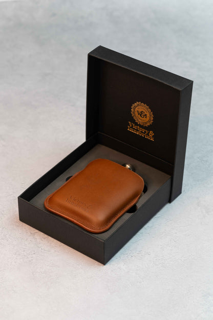 Full Grain Leather Cased Hip Flask | Full Cognac Leather | Silver Flask