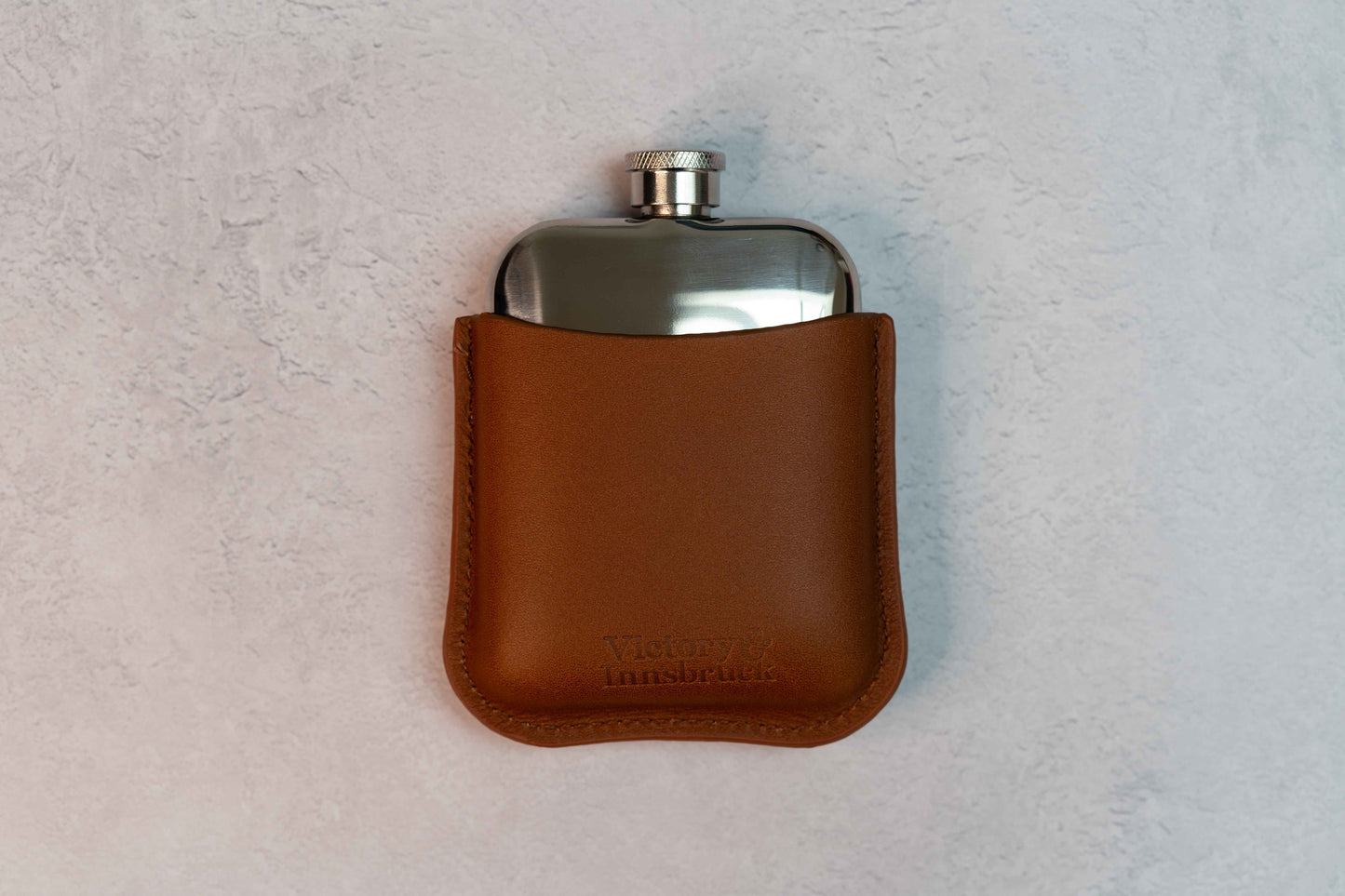 Full Grain Leather Cased Hip Flask | 3/4 Cognac Leather | Silver Flask