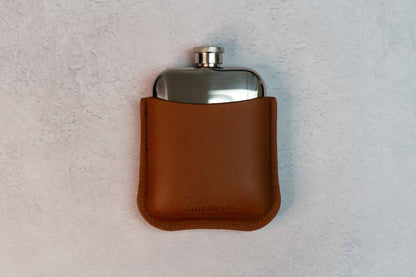 Full Grain Leather Cased Hip Flask | 3/4 Cognac Leather | Silver Flask