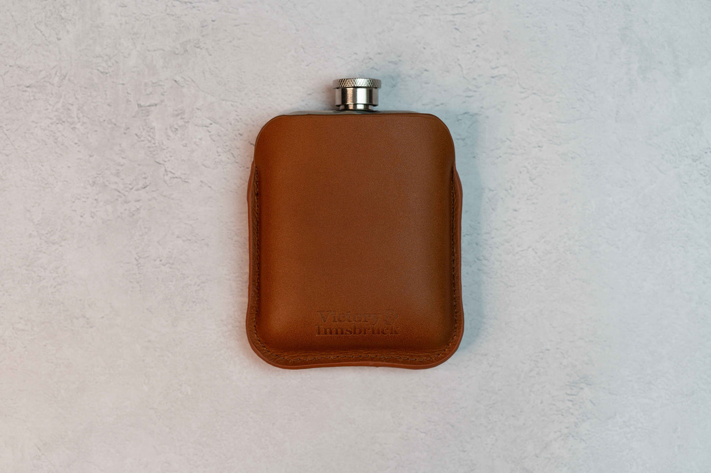 Full Grain Leather Cased Hip Flask | Full Cognac Leather | Silver Flask
