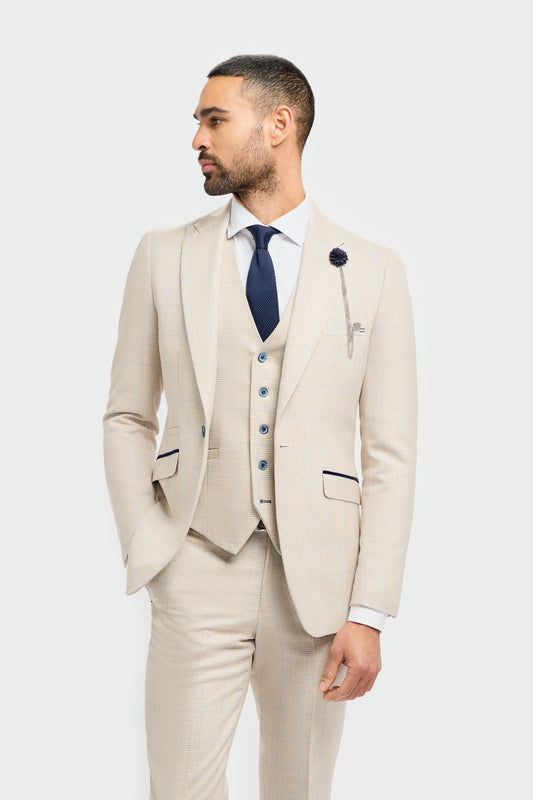 Caridi Beige Regular Check Three Piece Suit