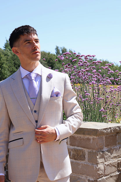 Caridi Beige Regular Check Three Piece Suit
