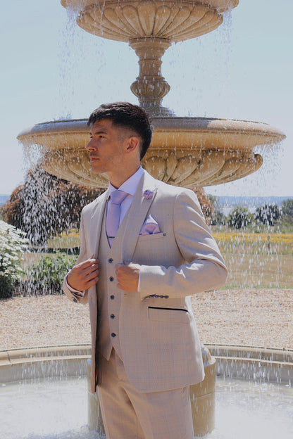 Caridi Beige Regular Check Three Piece Suit
